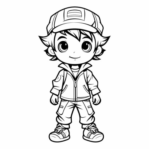 Black and White Cartoon Illustration of Cute Little Boy or Kid W