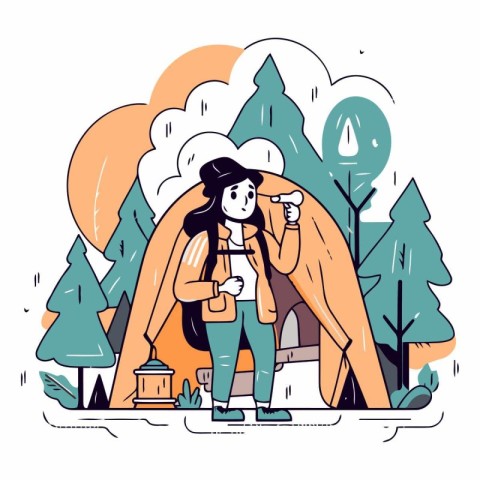 Vector illustration of a tourist girl in the forest with a backp