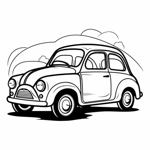 Retro car on the road. Black and white vector illustration.