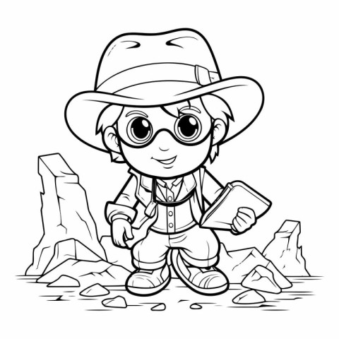 Black and White Cartoon Illustration of Cute Little Boy Scout or