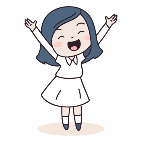 Cheerful girl with arms up. Cartoon style.