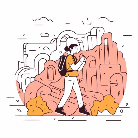 Tourist man with backpack in the mountains in linear style