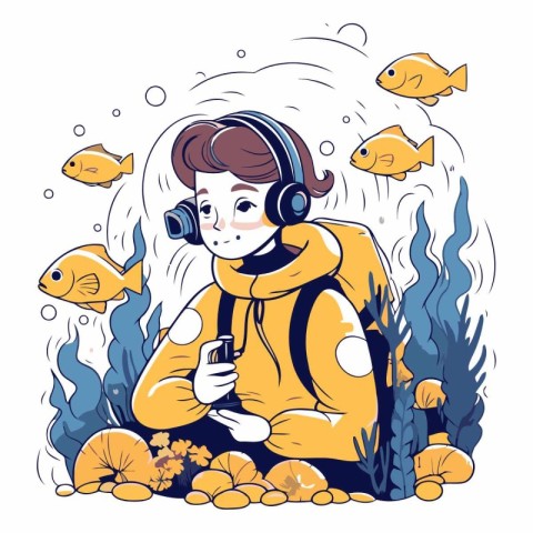 Vector illustration of a girl in a diving suit and headphones li