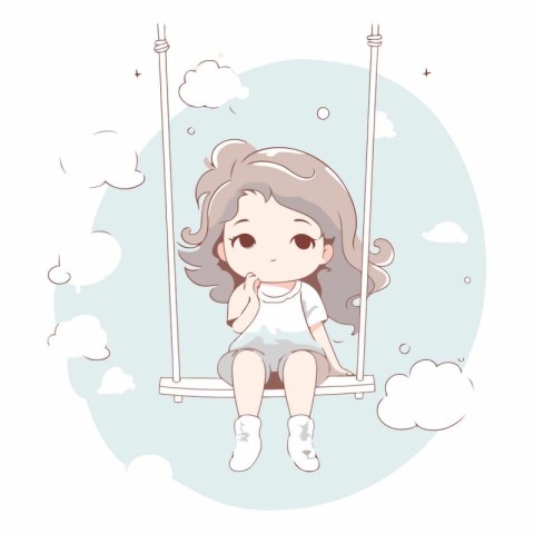 Cute little girl swinging on a swing in the sky