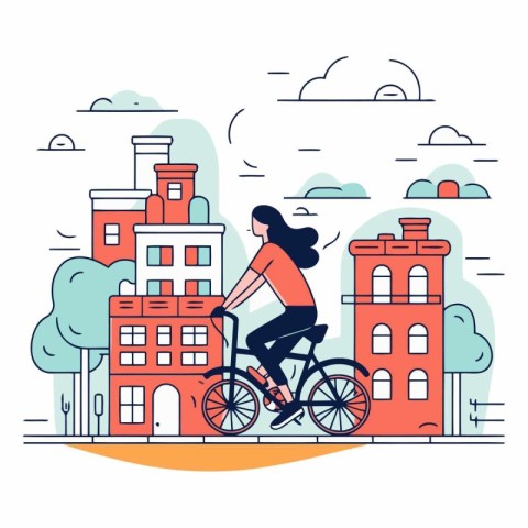 Vector illustration of a girl riding a bike in the city. Flat de