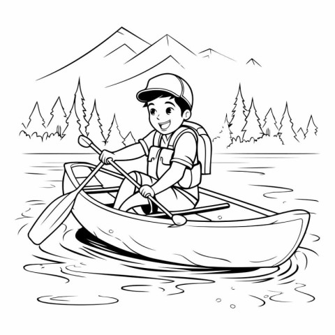 Man rowing a canoe on a lake. Black and white vector illustratio