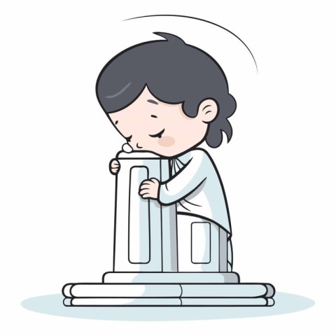 Boy praying in church. Cartoon vector illustration of kid prayin