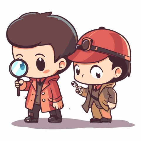 Cute boy with magnifying glass and boy in uniform.