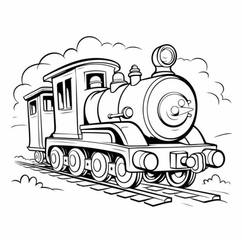 Vintage Steam Locomotive on rails. Black and white vector illust