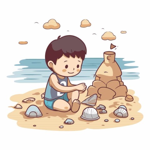 Cute little boy playing with sand on the beach.