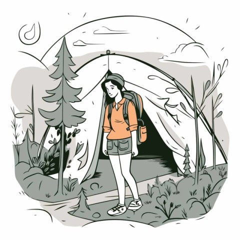 Vector illustration of a young woman hiker with backpack in the