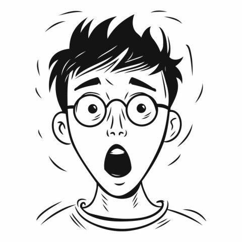 Surprised boy in glasses. Black and white vector illustration.