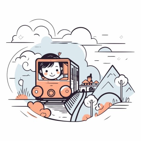 Cute little girl riding on the train in thin line style.