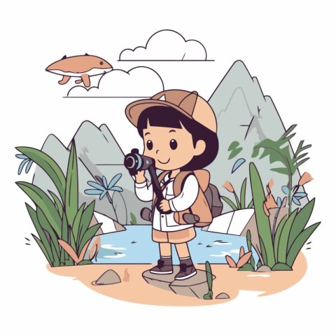 Vector illustration of a little girl with binoculars on the beac