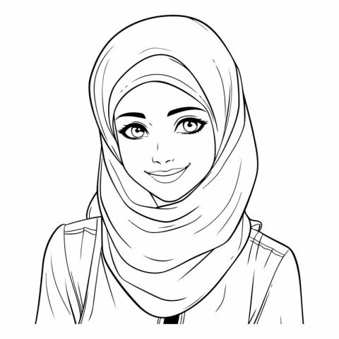 Beautiful young muslim woman in hijab. Vector black and white il