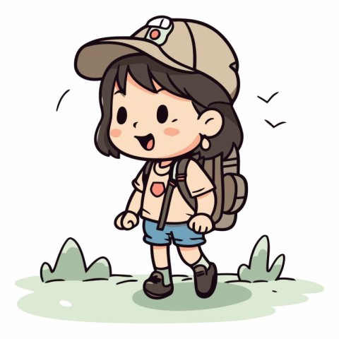 Cute girl with backpack hiking in the park.