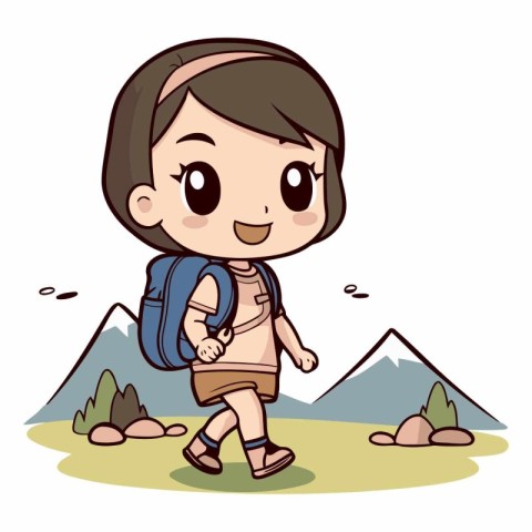 Hiking girl with a backpack on the mountain.