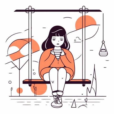 Girl sitting on a swing and drinking coffee in flat style