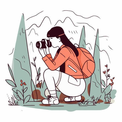 Vector illustration of a tourist girl with a backpack and a came