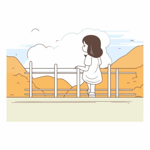 Cute little girl standing on the bridge and looking at the mount