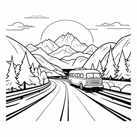 Mountain road with a bus in black and white colors.