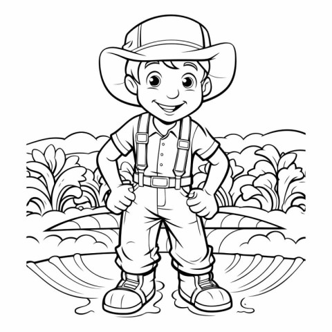 Black and White Cartoon Illustration of Kid Cowboy or Safari Boy