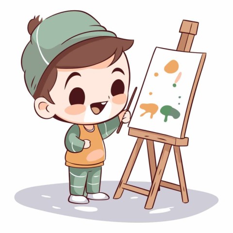 Cute little boy painting on easel. Cute cartoon character.