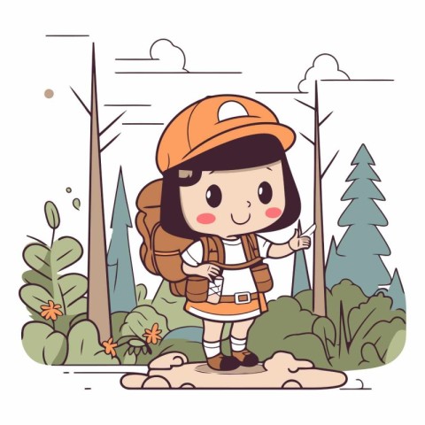 Cute little girl with backpack in the forest.