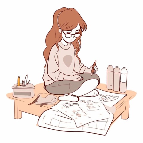 Illustration of a young girl painting a picture in her workshop.