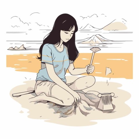 Illustration of a young woman sitting on the beach and playing g