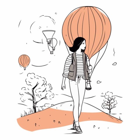 Young woman with hot air balloon in hand drawn style.