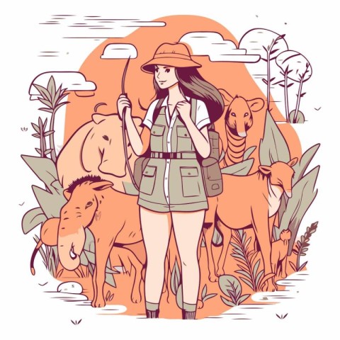 Vector hand drawn illustration of a girl in safari outfit with w