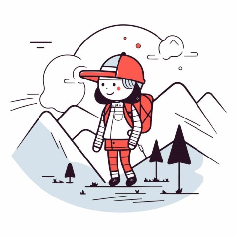 Vector illustration of a girl in a helmet with a backpack in the