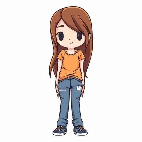 Cute little girl with long brown hair and blue jeans.