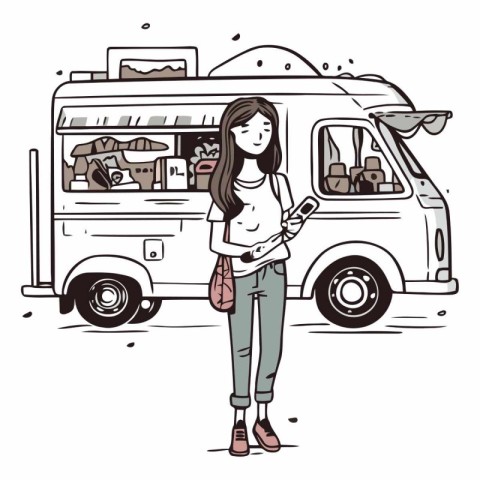 Illustration of a young woman standing near a camper van and hol