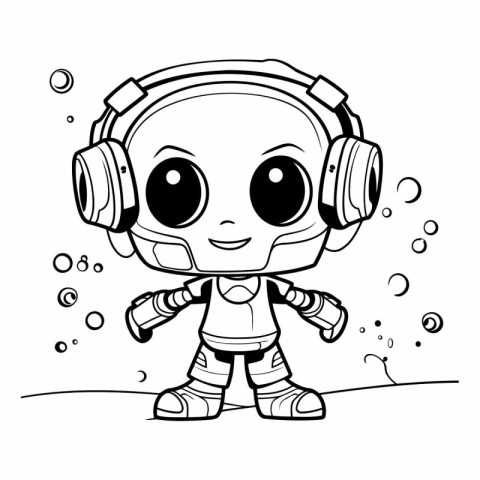 Black and White Cartoon Illustration of Cute Astronaut Character