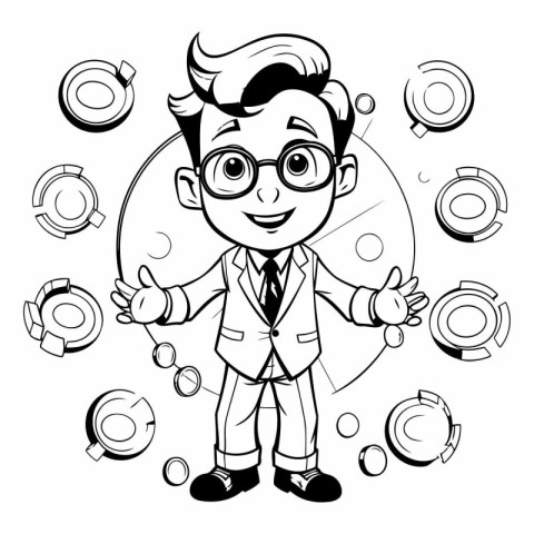 Cartoon businessman with coffee cup and coffee beans.