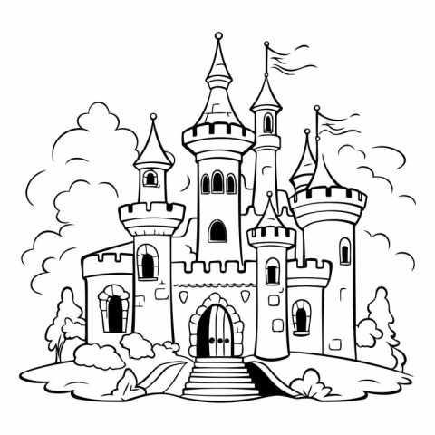 Castle. Fairy tale. Black and white vector illustration for colo