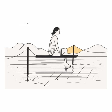 Illustration of a girl sitting on a bench on the beach.