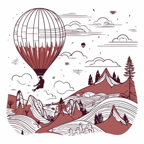 Hot air balloon flying over the mountains. Hand drawn vector ill