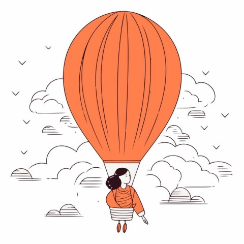 Vector illustration of a woman flying in the air hot air balloon