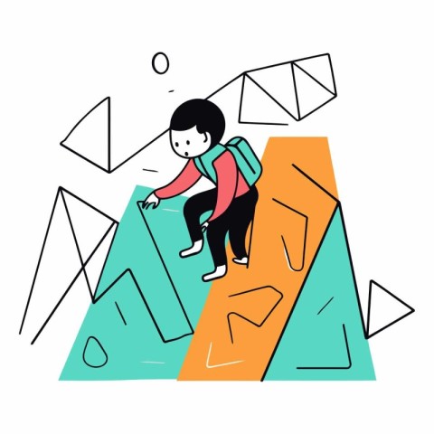 Vector illustration of a boy climbing up the mountain. Flat styl