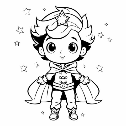 Black and White Cartoon Illustration of Cute Little Boy in Super