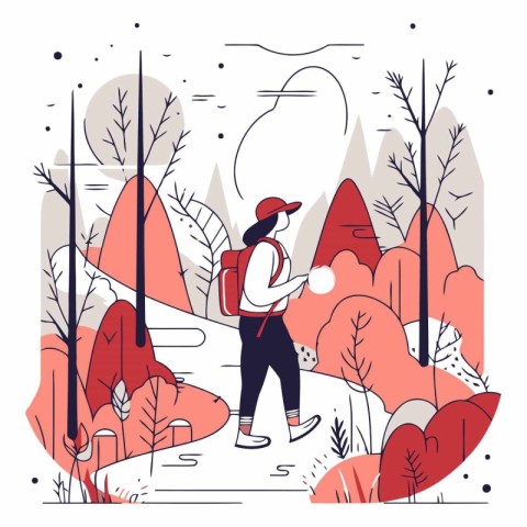 Tourist hiking in the forest in flat cartoon style