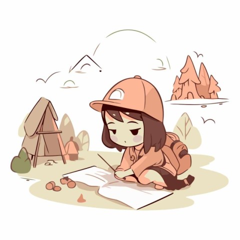 Illustration of a little explorer girl drawing a map in the moun