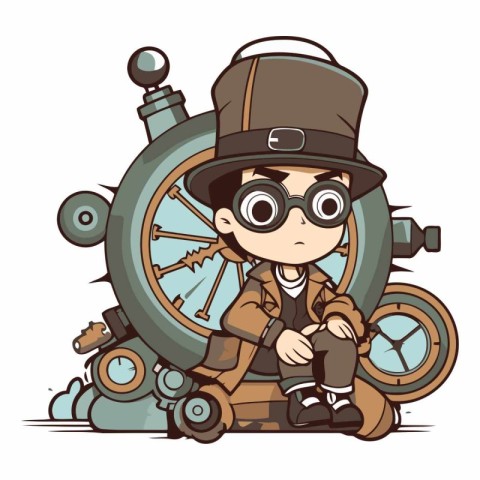 Steampunk boy with a ship steering wheel. Cartoon vector illustr