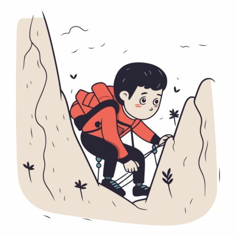 Boy climbing on a cliff in doodle style.