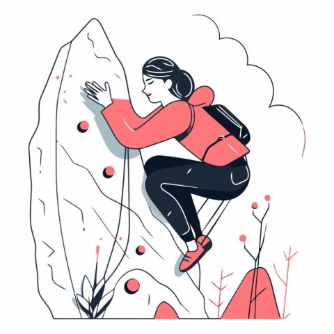 Vector illustration of a young woman climbing a rock. Climbing c