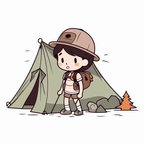 Boy scout with a backpack and tent on white background.