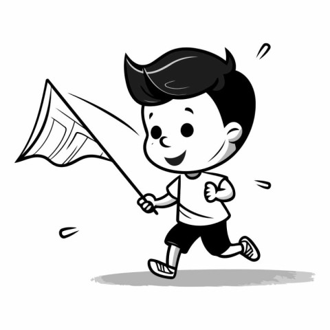 Cute boy running with a kite - Cartoon vector illustration.